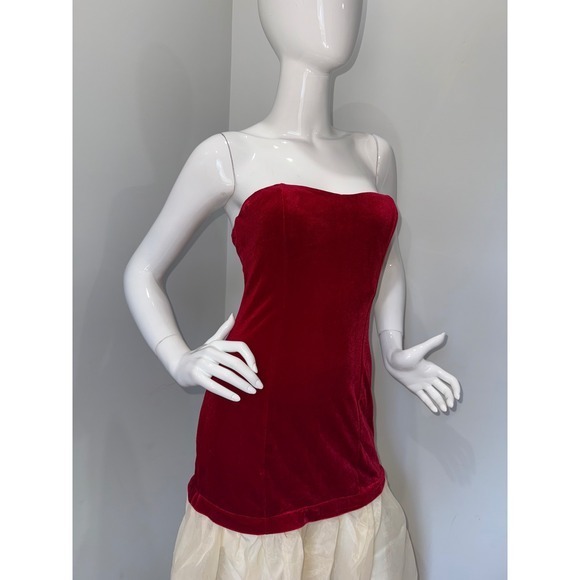 Commense Semi-Sheer‎  Velvet Strapless Red Corset Tulle Dress Formal Party Prom - Picture 8 of 8